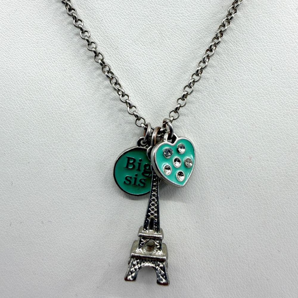 Big Sis Eiffel Tower Paris Charm Necklace Teal Heart Crystal Statement Gift